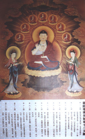 Image of Medicine Baisajyaguru with 7 healing Buddhas, Sunlight and Moonlight Bodhisattvas, and the 12 Vows (Taiwan)